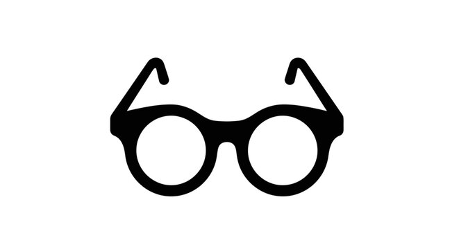 A simple black icon representing a pair of classic round reading glasses