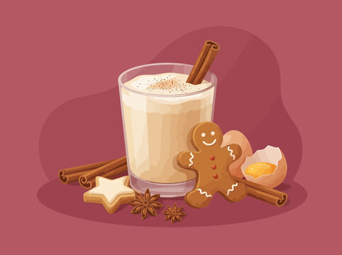 Festive Eggnog Drink with Gingerbread Cookie, Cinnamon Sticks, and Star Anise