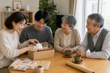 敬老の日のギフトを開けて喜ぶ祖父母と家族