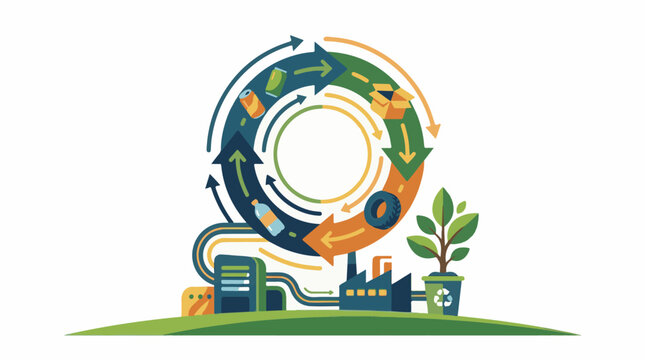 A colorful recycling symbol with arrows surrounding products and a factory
