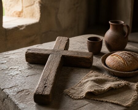 A rough-hewn wooden cross on a stone table with clay pots and bread in soft light.
