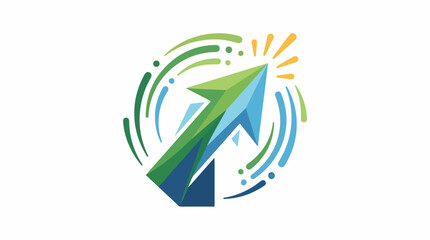 Fototapeta premium A colorful stylized arrow graphic with curved lines and dots on a white background