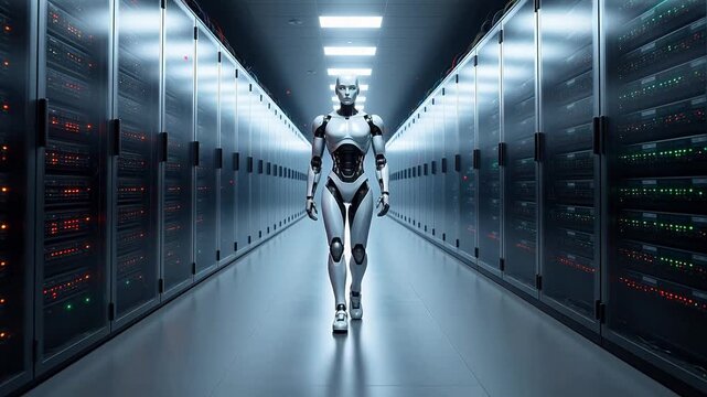 Robot in server room corridor