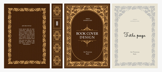 Naklejka premium Classic vintage book cover, title page, spine design with Art Deco, Baroque, Art Nouveau and Victorian ornaments. Elegant decorative frame, retro style for publications, posters and artistic layouts.