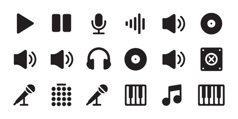 Music production and media player user interface icons set for audio software and streaming services. © Nayan Arts