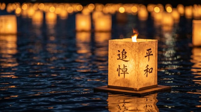 Serene Japanese Toro Nagashi Floating Lantern Festival on Water for Spiritual Remembrance and Peace at Night