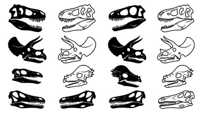 Dinosaur Skull Vector Icon Set in Black Silhouette and Outline Style Isolated on White Background © joy
