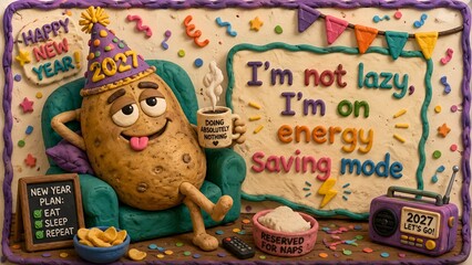Fototapeta premium Funny Potato New Year 2027 Card With Energy Saving Mode Text