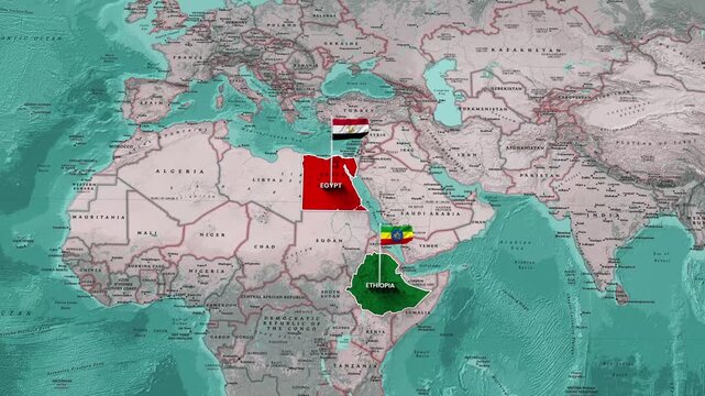 Animated flags of Egypt and Ethiopia appear on world map footage