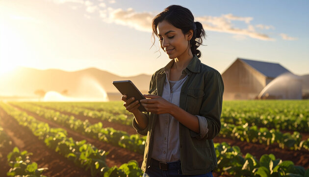 Female farmer using digital tablet in green crop field at sunset