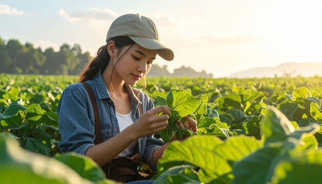 Young Asian Female Farmer Inspecting Crops in Organic Field