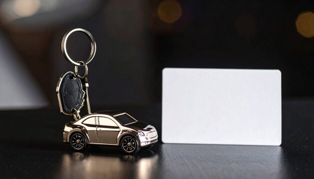 key chain like mini house and mini car, and id card on the table, in the meeting room, symbol of mortgage and auto loan
