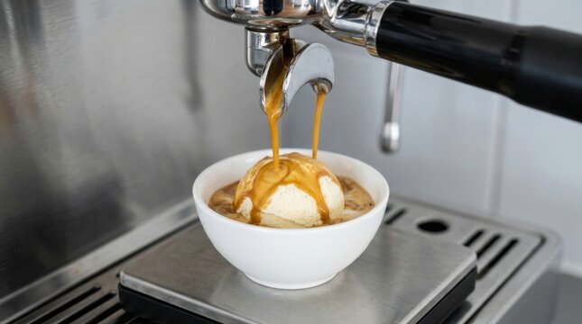 Hot espresso pouring over a scoop of vanilla ice cream in a white bowl, creating an affogato dessert