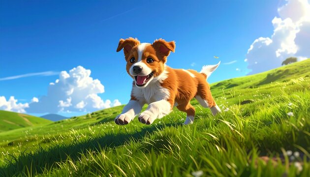 Cute Happy Puppy Running in Green Grass Meadow Under Blue Sky