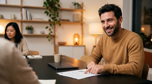 Smiling man points at documents during office meeting with colleagues in cozy room