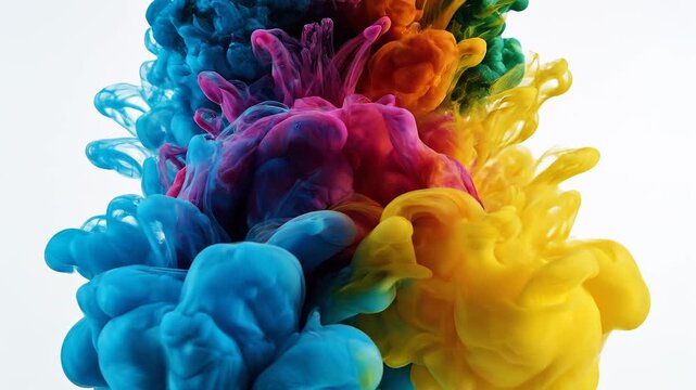 Macro Shot of Vibrant Multi Colored Ink Blossoming and Mixing in Clear Water on White Background