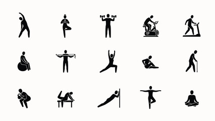 Obraz premium Fitness and exercise icons set depicting yoga, weightlifting, cycling and cardio activities.