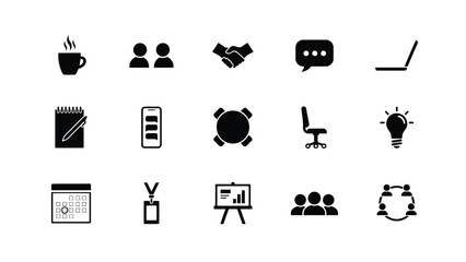 Fototapeta premium Business icons for office work, communication and planning, including meeting and technology items.