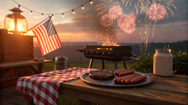 Fourth of July backyard barbecue with grilled food and fireworks at sunset