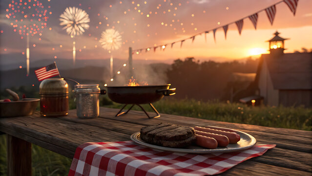 Fourth of July backyard barbecue with grilled food and fireworks at sunset