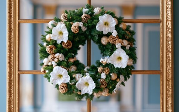 Elegant Christmas Wreath Made from Fresh Noble Fir and Decorative Accents