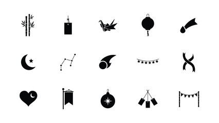 Minimalist black icon collection featuring bamboo lanterns shooting stars and lunar shapes. © Sourabh
