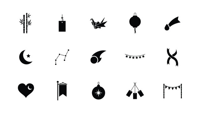 Minimalist black icon collection featuring bamboo lanterns shooting stars and lunar shapes.