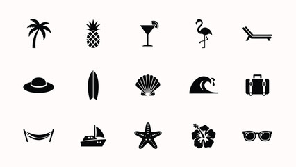 Fototapeta premium Tropical beach vacation icons set featuring summer symbols for seaside holiday planning.