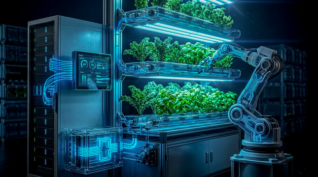 Advanced indoor farming system combining robotic arms, hydroponics, LED lighting, and server racks for smart agriculture technology.