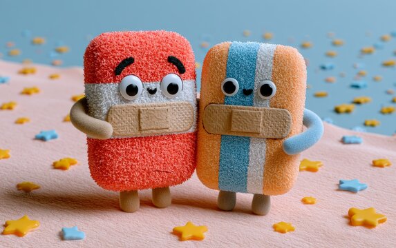 Cute Anthropomorphic Characters with Googly Eyes and Colorful Bandages