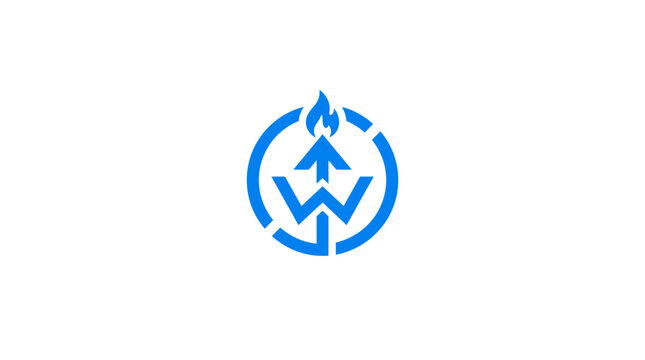 A blue circular icon featuring an upward arrow and a flame symbol