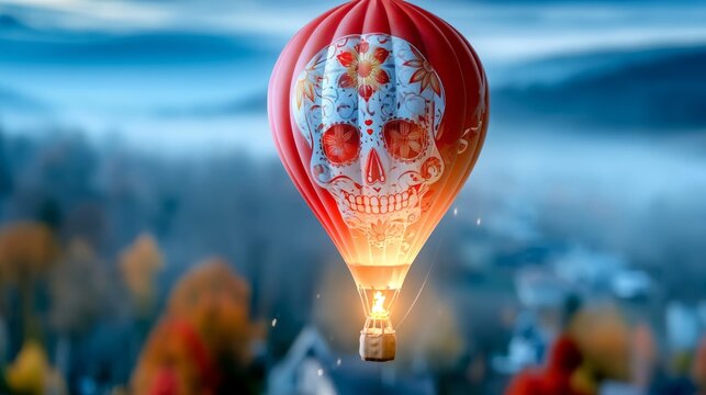 Hot Air Balloon with Skull Design Floating Over Colorful Autumn Landscape