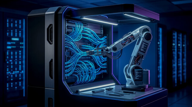 A high-tech server case showcasing intricate wiring and a robotic arm, symbolizing advanced AI and automation in a data center environment.