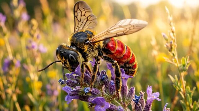 box headed blood bee close up golden light video