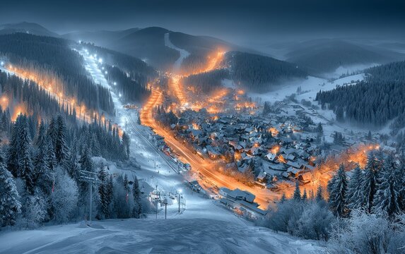 Nighttime View of Illuminated Ski Resort and Snowy Slopes at Dusk