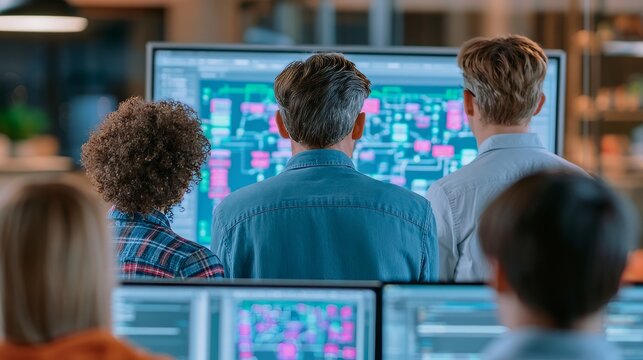 Tech Startup Team Collaborating in War Room for Software Development Insights