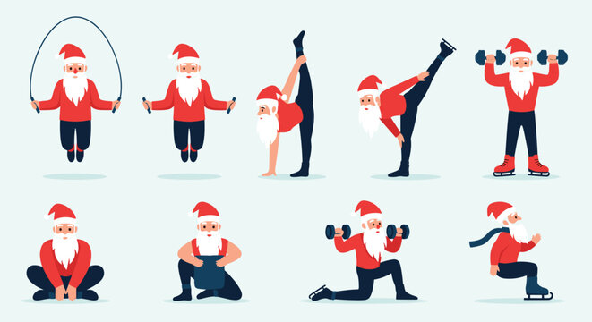 Cheerful Santa Claus performs a variety of different fitness exercises and sports activities to stay healthy during the holiday season.