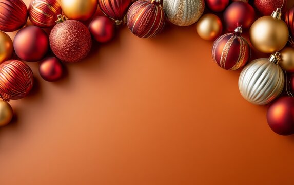 Framed Scene of Deep Red and Gold Ornaments on a Warm Orange Background