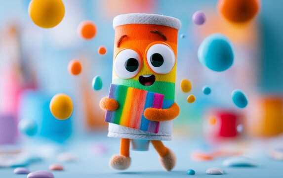 Cute Anthropomorphic Paint Tube Character with Googly Eyes and Rainbow Palette