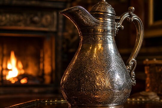 An intricately engraved silver flagon reflecting flickering firelight.