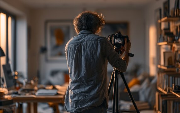 Photographer Adjusting Camera on Tripod Before Recording in Modern Workspace
