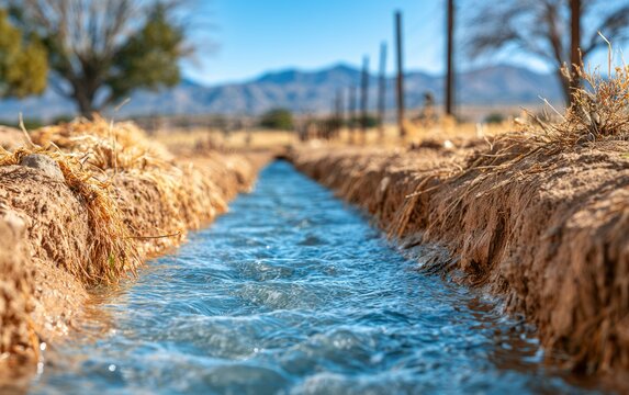 Traditional Acequia Irrigation Channel in New Mexico Landscape Under Sky