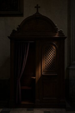 An empty church confessional with a slightly ajar curtain and a beam of light on the lattice.