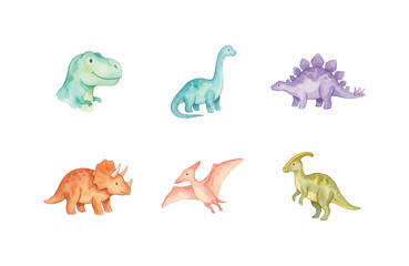 Watercolor cute dinosaur icons collection set isolated on white background © Dwi