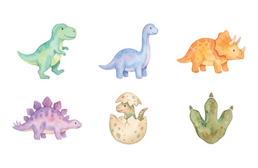 Watercolor dinosaur icons set, cute prehistoric animal elements on white background © Dwi