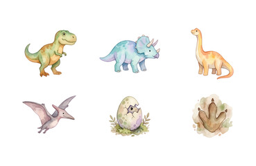 Watercolor dinosaur icons set, cute prehistoric animal elements on white background © Dwi