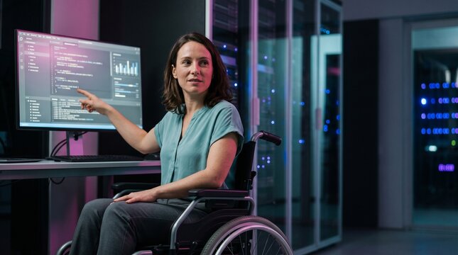 Confident female engineer in wheelchair points at code on monitor in server room.