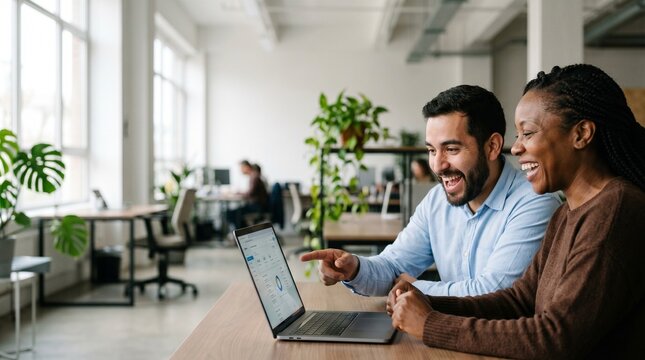 Diverse business team celebrating success with laptop in modern office