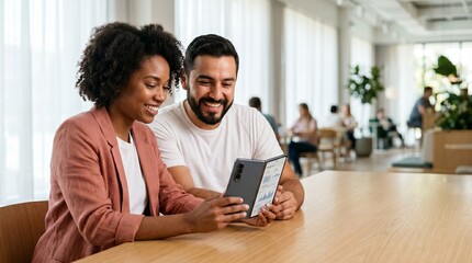 Fototapeta premium Diverse startup co-founders woman and man smiling at folding smartphone in modern office