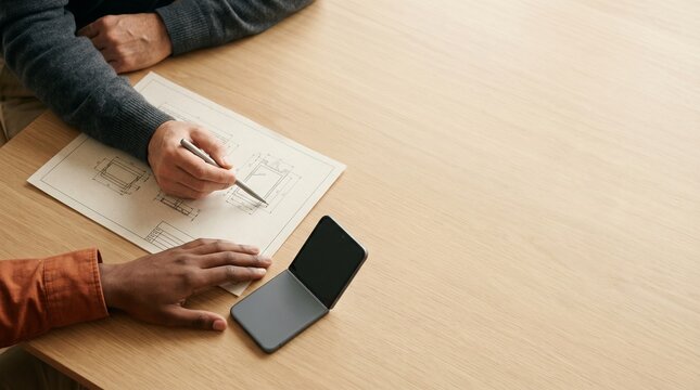 Senior employee and young intern collaborating on blueprint with smartphone at modern office desk.